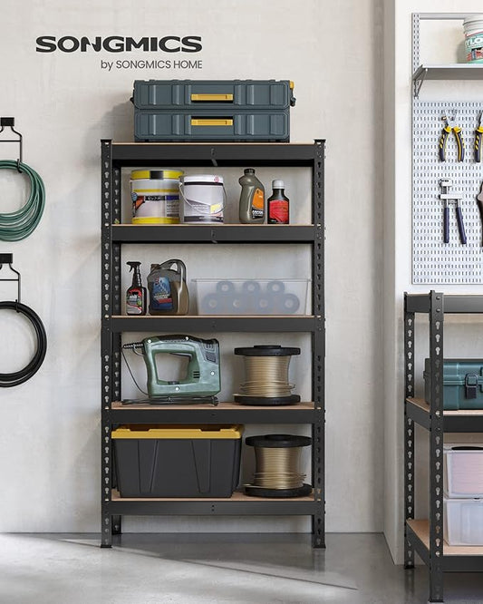 SONGMICS 5-Tier Storage Shelves, Load 2310 lb, Garage Storage, Boltless Assembly, Adjustable Shelving Unit, 11.8 x 29.5 x 59.1 Inches, for Study Shed Basement, Black and Natural Beige UGLR300B01