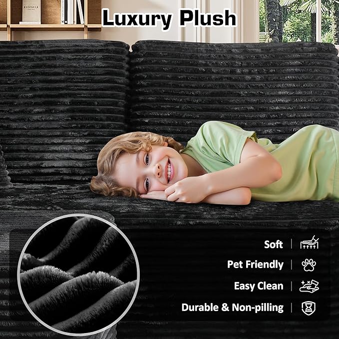 133.1'' Boneless Sectional Couches for Living Room, Oversized Cloud Couch with Chaise & Ottoman, Modular Sofa Sets Deep Seat Plush Corduroy, No Assembly Required,Plush Corduroy,Black