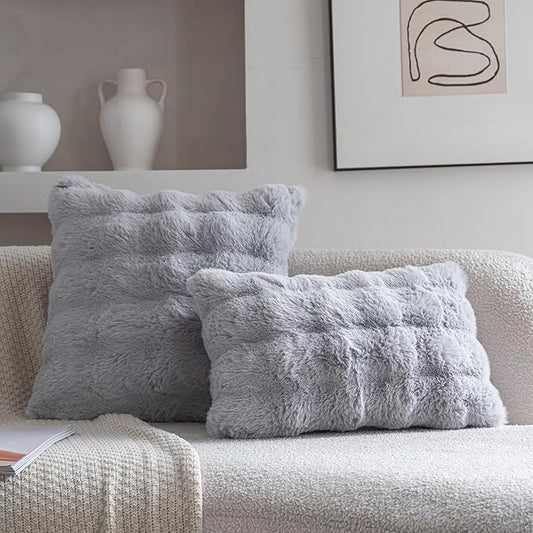 Neelvin Gray Faux Fur Cozy Soft Double-Sided Decorative Throw Pillow Covers 12x20 inch Set of 2,Velvet Pillowcase Cushion Case for Sofa Couch