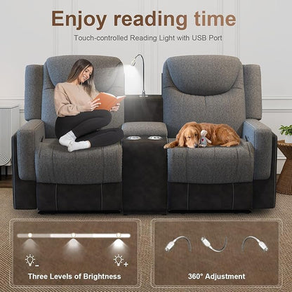 Loveseat Recliner Sofa Set, Manual Reclining Loveseat Sofa with Reading Light, Storage Console, Cup Holders, USB Ports, Grey Linen-Blend Fabric & PU Leather, Living Room Furniture Set