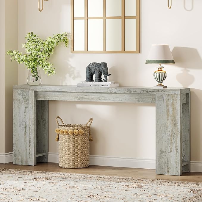 Tribesigns 70.9-Inch Extra Long Console Table, Farmhouse Wood Sofa Table Behind Couch, Narrow Entryway Accent Table for Living Room, Hallway, Entrance, Foyer (Distressed White)