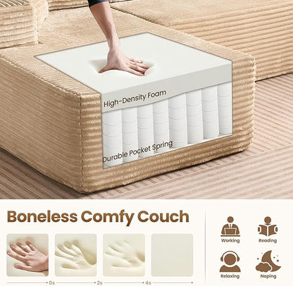 Cloud Sectional Couch with Chaise, Boneless U-Shaped Cloud Couch with Deep Seat, Soft Plush Modern Minimalist Sofa, Assembly Free Modular Floor Sofa for Office Living Room Apartment, Beige