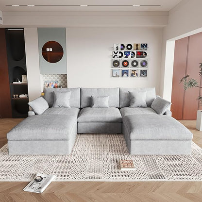 JACH U Shaped Sectional Couches, Cloud Sectional Couch with Deep Seat, 119" Down Filled Modular Sofa with Chaise, Covers Removeable & Washable, Sofas Furniture for Living Room, Light Grey
