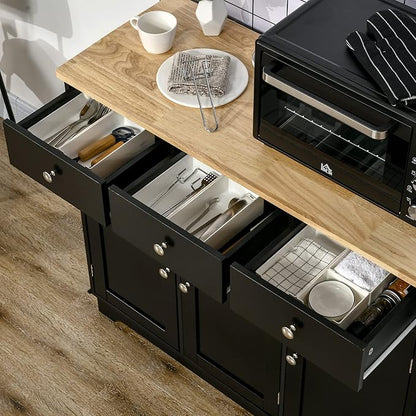 HOMCOM Sideboard with Solid Wood Countertop, Modern Kitchen Storage Cabinet, Coffee Bar Cabinet with 3 Drawers, Doors and Adjustable Shelf, Black