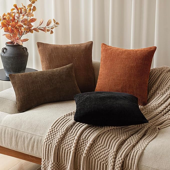 Foindtower Pack of 2 Soft Textured Chenille Throw Decorative Pillow Covers Square Accent Solid Cushion Cover Cozy Neutral Farmhouse Pillow Case for Couch Sofa Bedroom Living Room 24x24 Inch,Orange