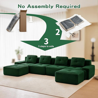 150.4” Green Boneless Couches for Living Room, Modular Sectional Sofa with U-Shape Chaise, 4 Seater Comfy Upholstered Deep Seat Corduroy Fabric Cloud Couch No Assembly, Anti-Slip Design