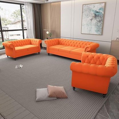 Chesterfield 3 Seater Sofa, Modern Velvet Tufted Couch 3 Seater with Rolled Arms and Nailhead Mid-Century Upholstered Couch for Living Room, Bedroom, Apartment and Office, Orange