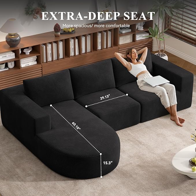 104”Sectional Couches for Living Room, Modular l Shaped Cloud Couch,Boneless Comfy Modern Sofa with Chaise, Deep Seat Convertible Sleeper Sofa Bed,No Assembly Required(Black-Corduroy Fabric) 1pcs