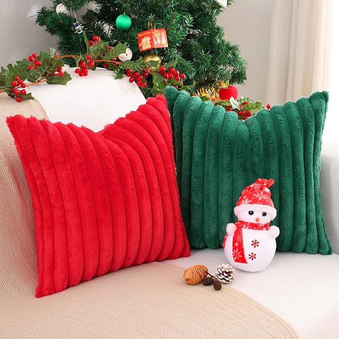 Pallene Faux Fur Plush Christmas Throw Pillow Covers 16x16 Set of 2, Luxury Soft Fluffy Striped Decorative Pillow Covers for Sofa, Couch, Living Room, Red