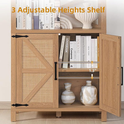 5 Tier Bookshelf 70" Rattan Boho Tall Bookcase with Barn Doors,Farmhouse Display Book Shelf with Adjustable Shelves and Storage Cabinet,Wood Bookshelves for Living Room,Kitchen,Natural (3PCS)