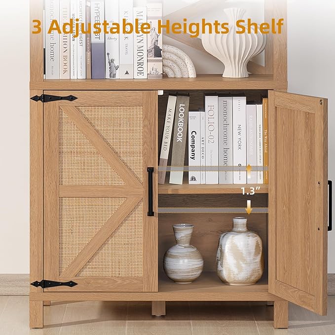 5 Tier Bookshelf 70" Rattan Boho Tall Bookcase with Barn Doors,Large Farmhouse Display Book Shelf with Adjustable Shelves and Storage Cabinet，Wood Bookshelves for Living Room,Kitchen,Natural