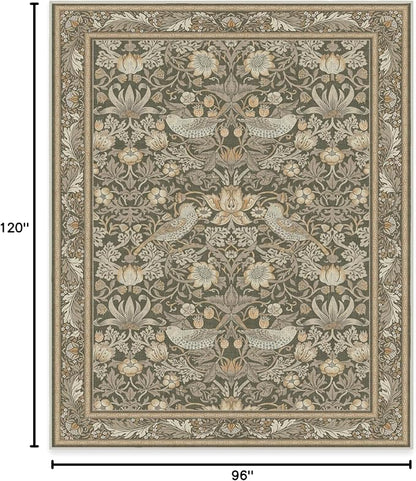 RUGGABLE x Morris & Co Machine Washable Area Rug – Strawberry Thief Stone Gold 8x10, Stain-Resistant, Non-Slip – Large Rugs for Living Room, Bedroom, Hallway, Entryway & Office–with Cushioned Pad