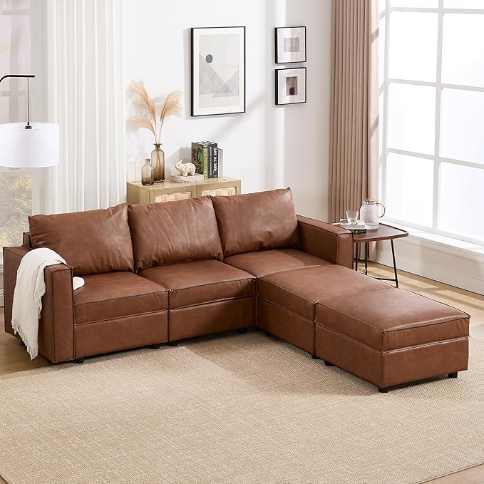 U Shaped Brown Leather, 90 Inches Cloud Modular Sectional Sofa, Modern Convertible Comfortable Sofa for Living Room/Apartment