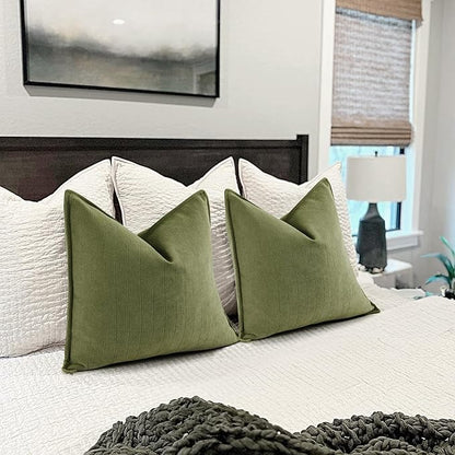 ZWJD Olive Green Pillow Covers 18x18 Set of 2 Chenille Throw Pillow Covers with Elegant Design Soft and Luxurious Decorative Throw Pillows for Couch, Bed, and Home Decor