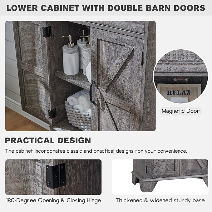 ACCOHOHO Bathroom Storage Cabinet, 72" Tall Farmhouse Storage Cabinet with 2 Drawers, Adjustable Shelves & Barn Door, Cabinet for Bathroom, Living Room, Kitchen, Grey Wash