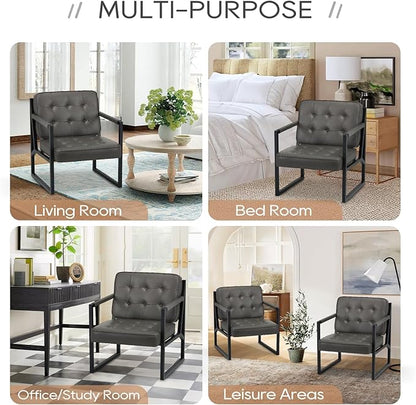 COLAMY Accent Chairs Set of 2, Modern Accent Arm Chairs for Living Room, Comfy Leather Armchairs with Metal Legs for Bedroom Reception Room, Grey