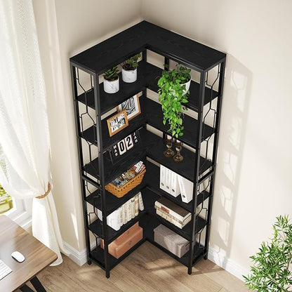 Tribesigns Corner Shelf, 7-Tier Industrial Corner Bookshelf, Wood and Metal Corner Etagere Bookcase, Freestanding Display Shelf for Living Room, Kitchen, Home Office, Black
