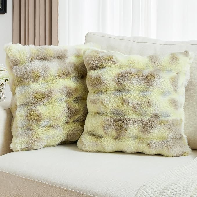 FUTEI Green White Decorative Throw Pillow Covers 26x26 Inch Set of 2,Soft Fuzzy Faux Rabbit Fur Euro Pillow Shams with Raised Texture,Neutral Boho Home Decor for Couch Bed Living Room