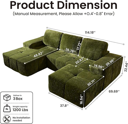 114" Glitter Cloud Sectional Couch with L-Shape Chaise & Ottoman, Modern Boneless Couches for Living Room, Fluffy Tufted Deep Seat Modular Sofa No Assembly (Green Sparkly Velvet,Left Facing)