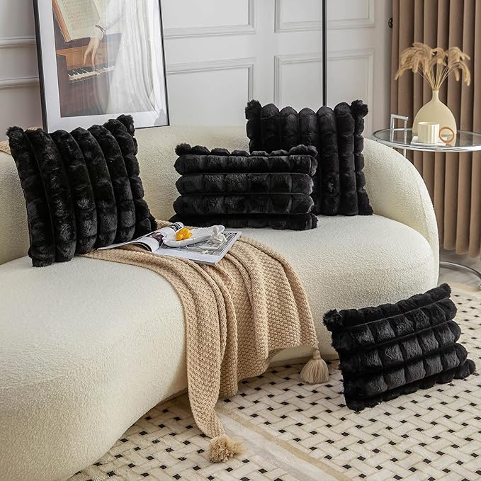 Neelvin Black Faux Fur Cozy Soft Plaid Decorative Throw Pillow Covers 20x20 inch Set of 2,Velvet Pillowcase Cushion Case for Sofa Couch