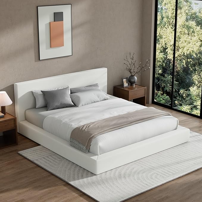 RECCI Cloud Upholstered King Bed Frame with Headboard, 5 Inch Foam Padded Platform, No Box Spring, Easy Assembly (Off-White)