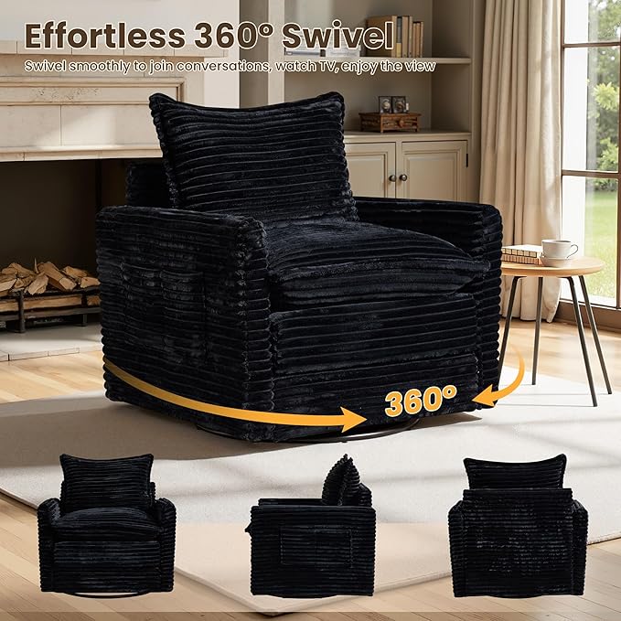 130" Modular Sofa with Swivel Chair & Ottoman, Modern Cloud Sectional Couch Plush Corduroy 5 Seater Deep Seat Sofas Set & Accent Armchair for Living Room, Black