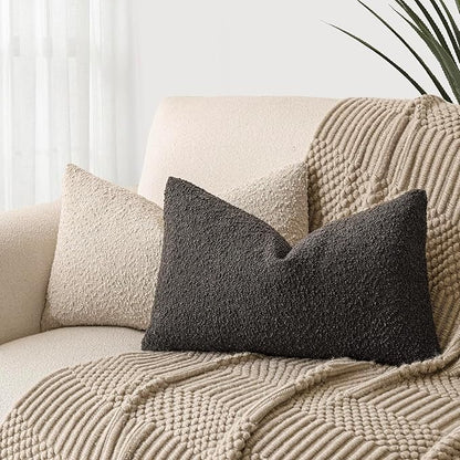 Foindtower Pack of 2 Textured Boucle Throw Pillow Covers Accent Solid Decorative Lumbar Pillow Cases Cozy Couch Cushion Case for Sofa Living Room Home Decor, 12 x 20 Inch,Dark Brown