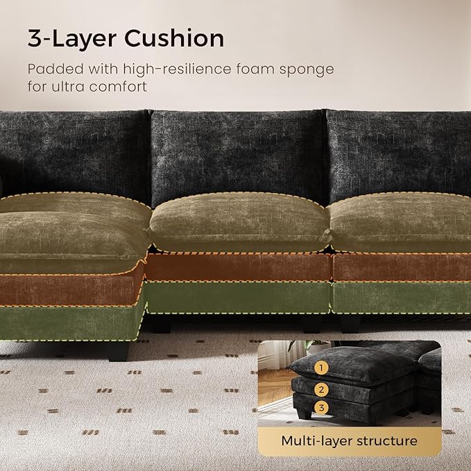 KKL Modular Sectional Sofa, V-Shaped 3 Seater Cloud Couch with Ottoman, Chenille Modern Sectional Couches for Living Room, Apartment Black