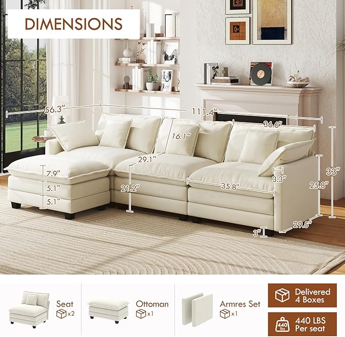 WorthFurni 111.4” Cloud Couch, Modular Sectional Sofa with Ottoman, Comfy Modern 3-Seater Couches with Pillows & Upholstered Deep Seat Cushion for Apartment Living Room Bedroom （Beige）