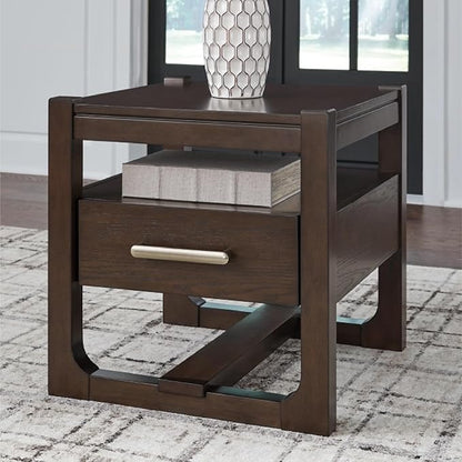 Signature Design by Ashley Breckington Modern End Table with 1 Drawer, Open Shelf and Trestle Base, Dark Brown