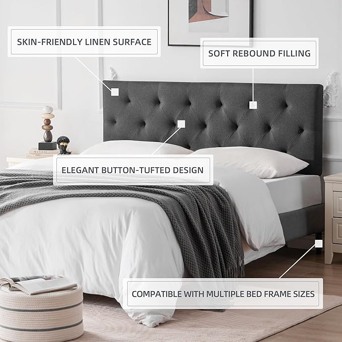 Linen Fabric Upholstered Headboard Queen Size, Modern Diamond Tufting Solid Wood Queen Headboard Only,Adjustable Height from 37” to 51” Head Board, Bed Frame or Wall Mount Headboards, Dark Grey