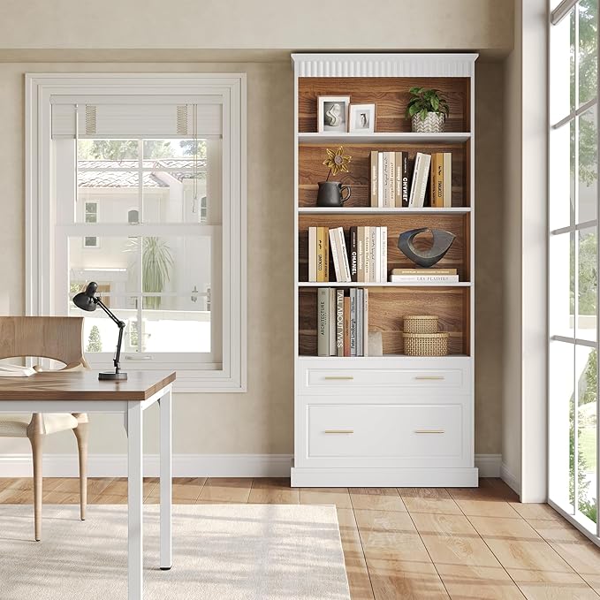 LITTLE TREE 72" Tall White Bookcase, 5-Tier Office Bookself with File Cabinet Drawers,Modern Floor Standing Storage Filing Cabinet Book Shelf for Living Room,Bedroom(2 Piece,White)