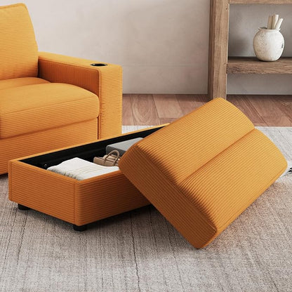 Christopher Knight Home Zoe Oversized Chaise Lounge Chair Indoor with Cup Holders & USB Charging Port, Corduroy Upholstered Sofa Bed + Ottoman with Storage, Comfy Deep Seat Sleeper Sofa Chair, Yellow