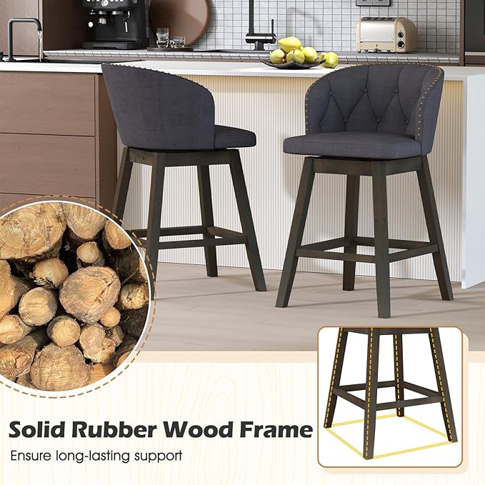 COSTWAY Counter Height Bar Stools Set of 4, Fabric Upholstered Island Stools with 360° Swivel Seat & Button-Tufted Back, Modern Pub Stools with Solid Rubber Wood Frame (Grey,4)