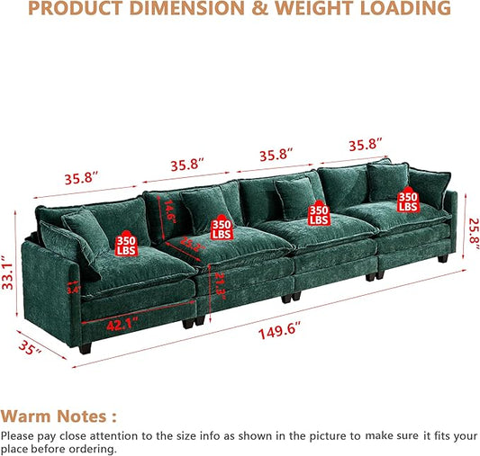 Aoowow Modular Sectional 4 Seater Cloud Sofa Couch for Living Room,149.6" Cloud Sofas with Deep Seat,Modern Chenille 4 Seat Sofas,Fluffy Cloud Couches for Bedroom,Office,Hotel (Green, 4 Seater)