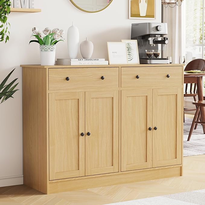 49" Oak Buffet Cabinet with Doors & Drawers, Modern Kitchen Storage Sideboard, Coffee Bar Console for Dining Room, Living Room, Entryway