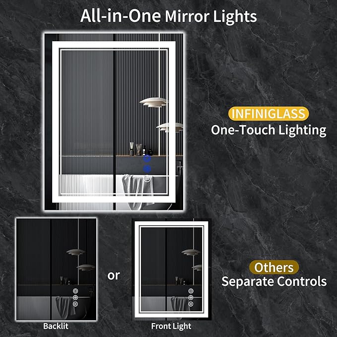 30"x30" LED Bathroom Mirror with Anti-Fog, Stepless Dimmable Lights, 3 Color Modes, Shatter-Proof Tempered Glass, Memory Function & Waterproof Design