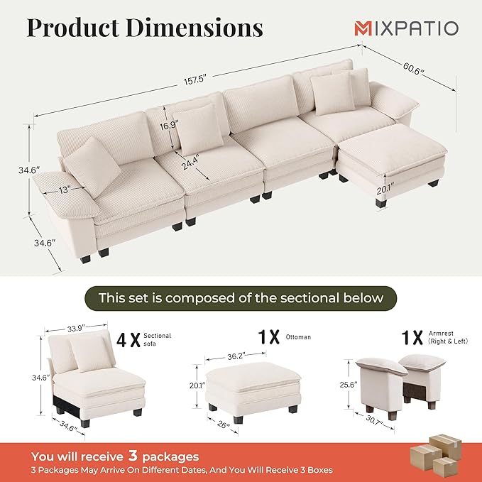 157-Inch L Shaped Sectional Sofa with Cloud Cushions, Deep Seat Modular Couch Set w/ 5 Seats & 1 Ottomans, Plush Chenille & Corduroy Upholstery for Living Room, Apartment - Beige