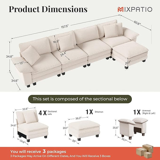 157-Inch L Shaped Sectional Sofa with Cloud Cushions, Deep Seat Modular Couch Set w/ 5 Seats & 1 Ottomans, Plush Chenille & Corduroy Upholstery for Living Room, Apartment - Beige