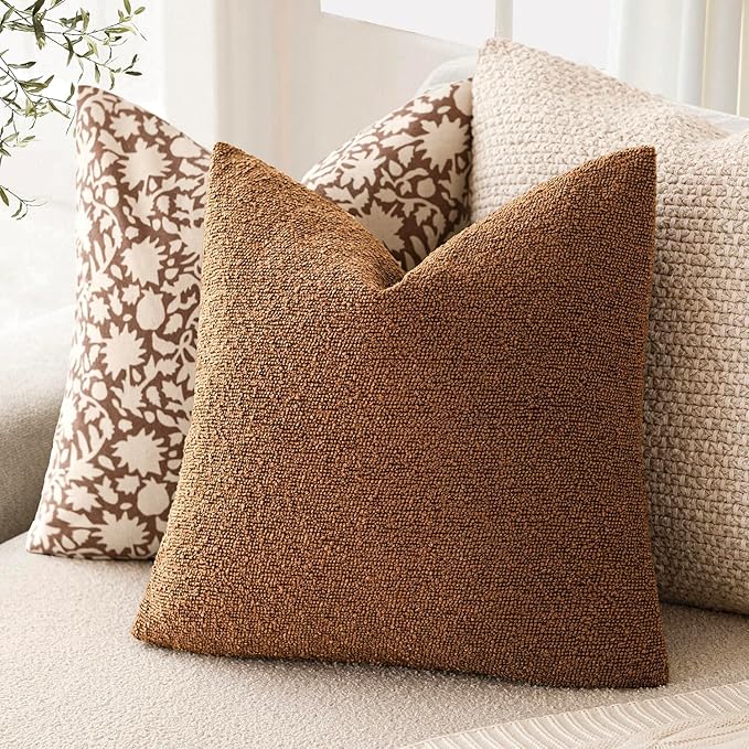 Foindtower Pack of 2, Decorative Textured Boucle Throw Pillow Covers Neutral Accent Solid Pillow Cases Cozy Soft Couch Cushion Case for Chair Sofa Bedroom Living Room Home Decor 22x22 Inch Hazel Brown