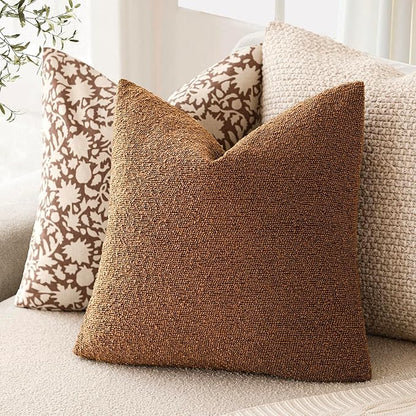 Foindtower Pack of 2 Textured Boucle Throw Pillow Covers Accent Solid Pillow Cases Cozy Soft Decorative Couch Cushion Case for Chair Sofa Bedroom Living Room Home Decor 18x18 Inch Hazel Brown
