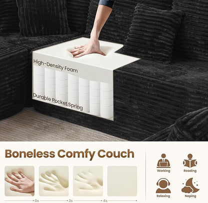 Cloud Sectional Couch with Loveseat, Boneless U-Shaped Cloud Couch with Deep Seat, Soft Plush Modern Minimalist Sofa, Assembly Free Modular Floor Sofa for Office Living Room Apartment, Black