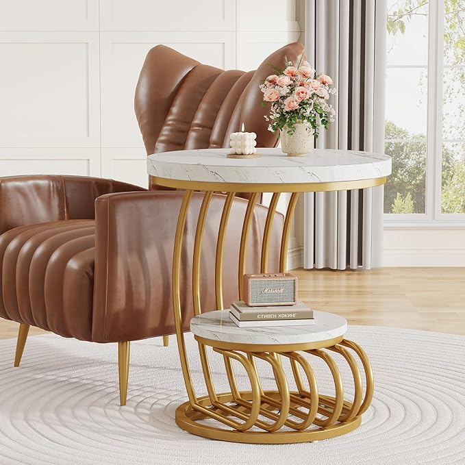 Tribesigns Gold Round End Table: 2 Tiers Faux Marble Side Table with Storage Shelf, Modern White Gold Bedside Nightstand, Metal Arc-Shaped Frame Accent Table for Living Room, Bedroom