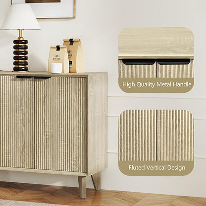 Fluted Cabinet with Storage, Buffet Storage with 4 Doors, Buffet Sideborad Accent Cabinet with Adjustable Shelves for Living Room, Kitchen, Entry, Hallway, Natural