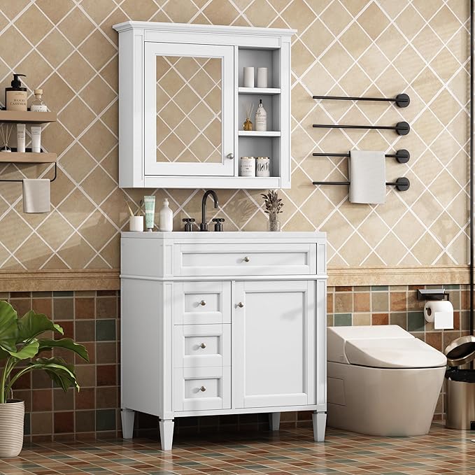 Bathroom Wall Cabinet with Mirror, 30'' x 28'' Medicine Cabinet with Mirror Door and Adjustable Shelves, Over Toilet Storage Cabinet, Wall-Mounted Bathroom Mirrors for Over Sink with Storage