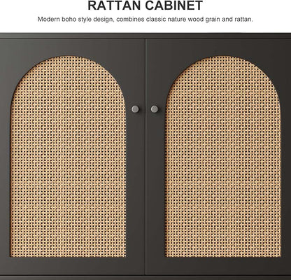 Rattan Storage Cabinet, 2-Door Boho Sideboard in Black, Adjustable Shelf, Elegant Rattan Buffet Cabinet with Storage for Stylish Home Organization 31.5" Black