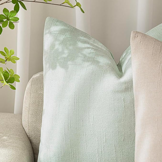 Foindtower Set of 2 Soft Textured Chenille Throw Decorative Pillow Covers Square Accent Solid Cushion Cover Cozy Neutral Farmhouse Pillow Case for Couch Sofa Bedroom Living Room 16x16 Inch, Sage Green