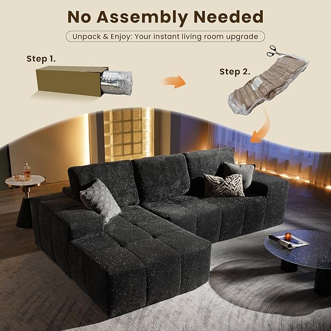114" Glitter Cloud Sectional Couch with L-Shape Chaise, Modern Boneless Couches for Living Room, Fluffy Tufted Deep Seat Modular Sofa in a Box No Assembly