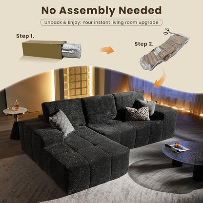 114" Glitter Cloud Sectional Couch with L-Shape Chaise, Modern Boneless Couches for Living Room, Fluffy Tufted Deep Seat Modular Sofa in a Box No Assembly