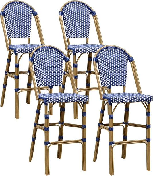 PURPLE LEAF French Bar Stool Set of 4 Bamboo Print Finish Patio Bar Stools with Back Rattan Bar Chairs Wicker Bar Height Stool 30" with Footrest Kitchen Island Stools Outdoor Barstool Royal Blue
